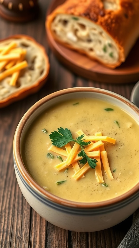Creamy Broccoli Cheddar Soup Recipe A bowl of creamy broccoli cheddar soup garnished with cheese and parsley, on a rustic table with bread.