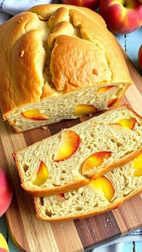 Delicious Southern Peach Bread Recipe A golden loaf of Southern Peach Bread sliced to reveal juicy peach pieces inside, set on a wooden board with fresh peaches.