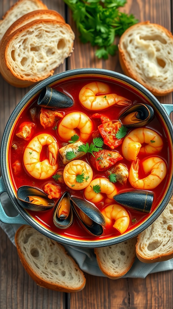Savory Seafood Cioppino Recipe A bowl of Seafood Cioppino with shrimp, mussels, and fish in tomato broth, garnished with parsley, on a rustic table with bread.