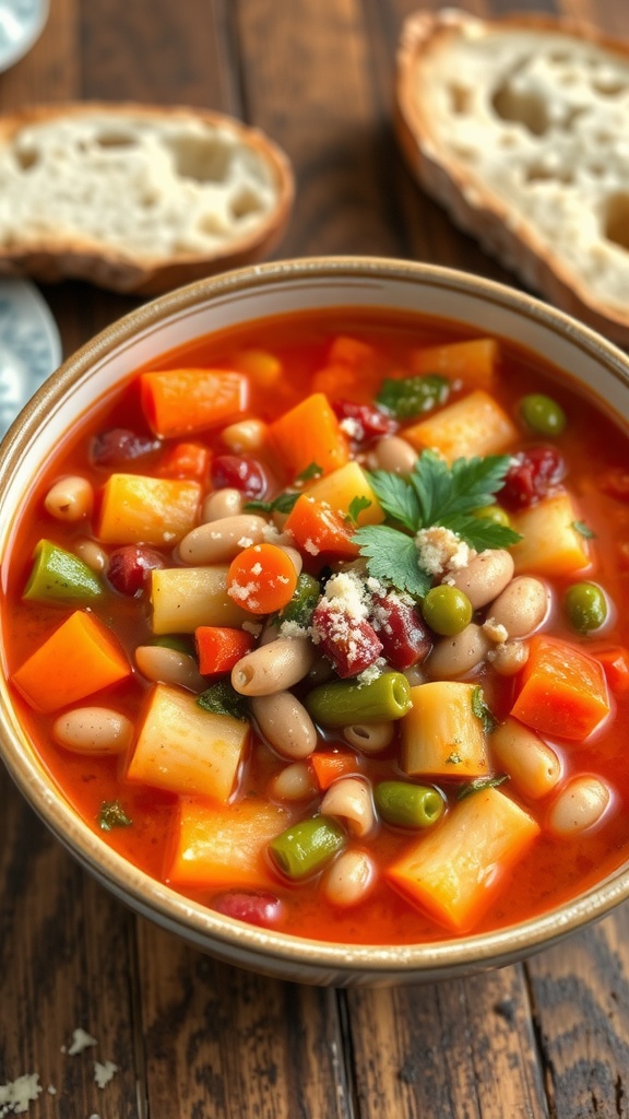 Classic Italian Minestrone Soup Recipe A hearty bowl of Minestrone Soup with vegetables and pasta, garnished with parsley and Parmesan, on a rustic table with bread.