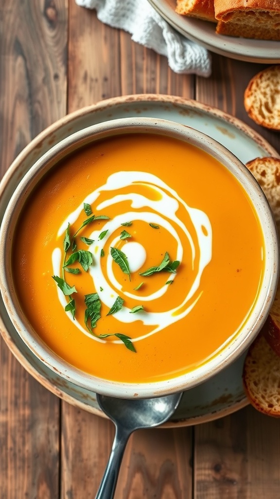 Creamy butternut squash soup in a bowl with herbs and cream garnish on a wooden table.