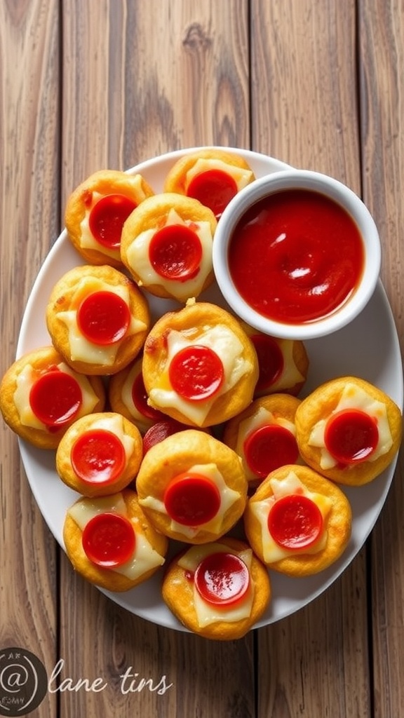 Crispy Bagel Bites Recipe Golden crispy bagel bites topped with cheese and pepperoni on a wooden table, served with marinara sauce.