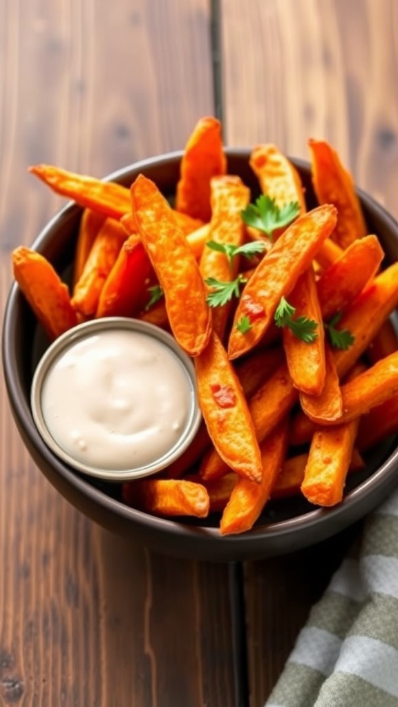 Crispy Air Fryer Sweet Potato Fries Recipe Crispy golden sweet potato fries in a bowl with dipping sauce and parsley, served on a rustic wooden table.