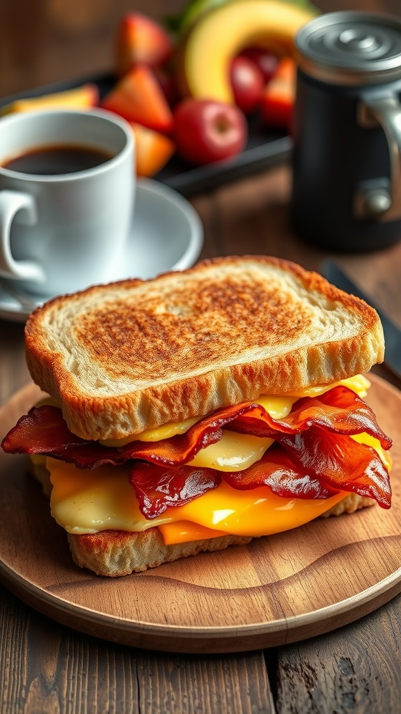 Savory Fairfax Breakfast Sandwich Recipe A hearty Fairfax breakfast sandwich with bacon, scrambled eggs, and cheese on toasted bread, served with fruit and coffee.