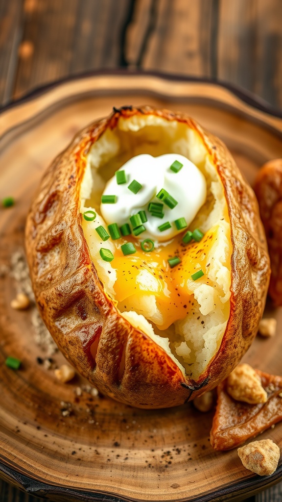 The Ultimate Perfect Baked Potato Recipe A perfectly baked potato topped with sour cream and chives on a wooden plate.