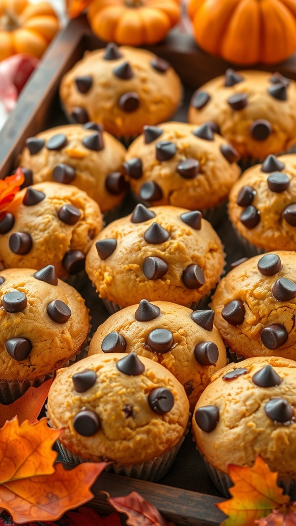 Delicious Pumpkin Chocolate Chip Muffins Recipe A warm tray of pumpkin chocolate chip muffins with chocolate chips on a rustic wooden table surrounded by autumn decor.