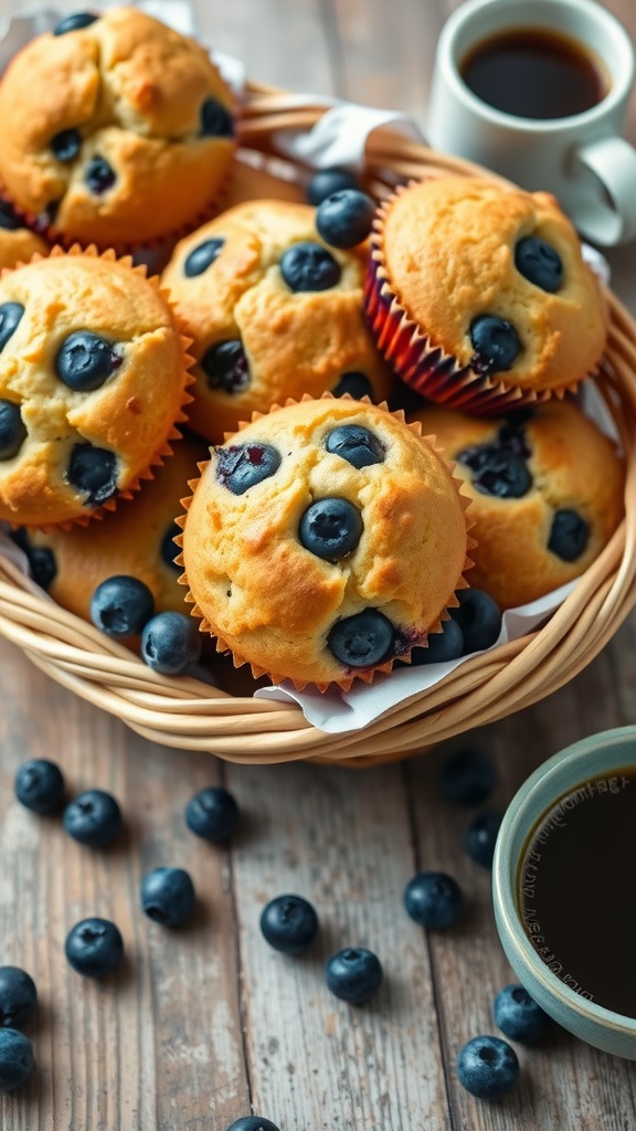 Deliciously Moist Blueberry Muffins Recipe Freshly baked blueberry muffins in a basket with juicy blueberries, on a rustic wooden table beside a cup of coffee.