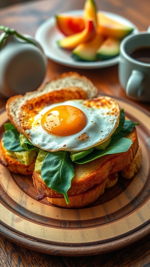 Delicious Avocado Breakfast Sandwich Recipe Avocado breakfast sandwich with fried egg and spinach on wooden plate with coffee.