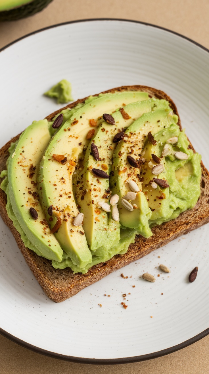 A slice of whole grain toast topped with sliced avocado, sprinkled with seeds and spices.