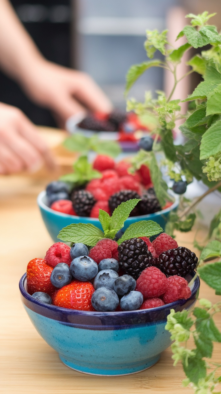 A variety of fresh berries in colorful bowls with mint leaves.