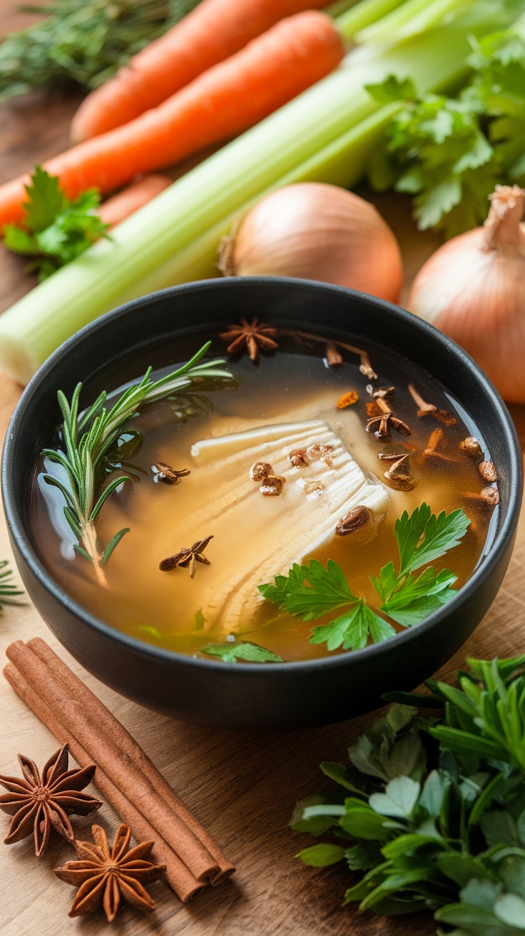 A bowl of bone broth with vegetables and spices around it.