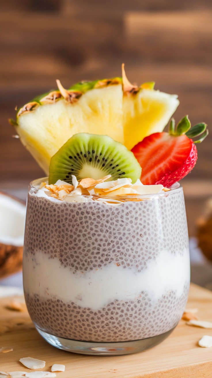 A glass of chia seed pudding topped with coconut, kiwi, strawberry, and pineapple.