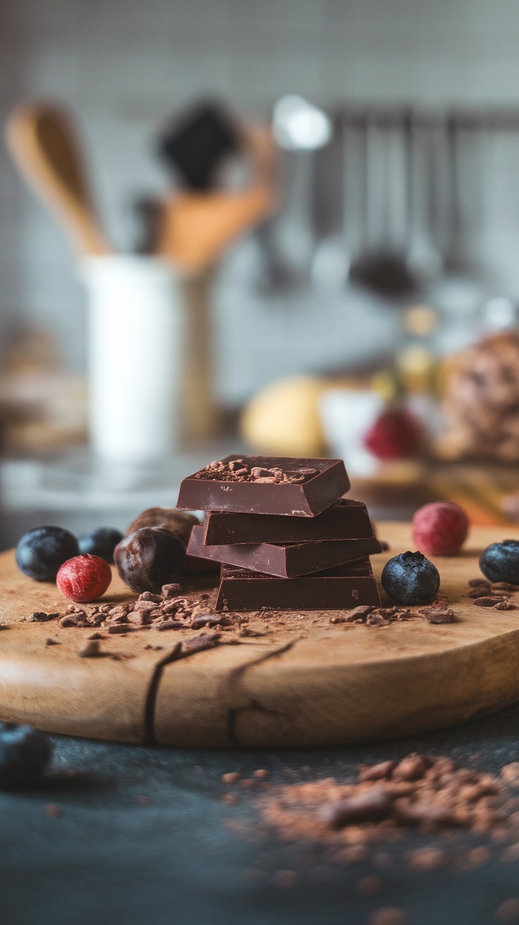 A close-up of dark chocolate squares on a wooden board, surrounded by fresh berries.