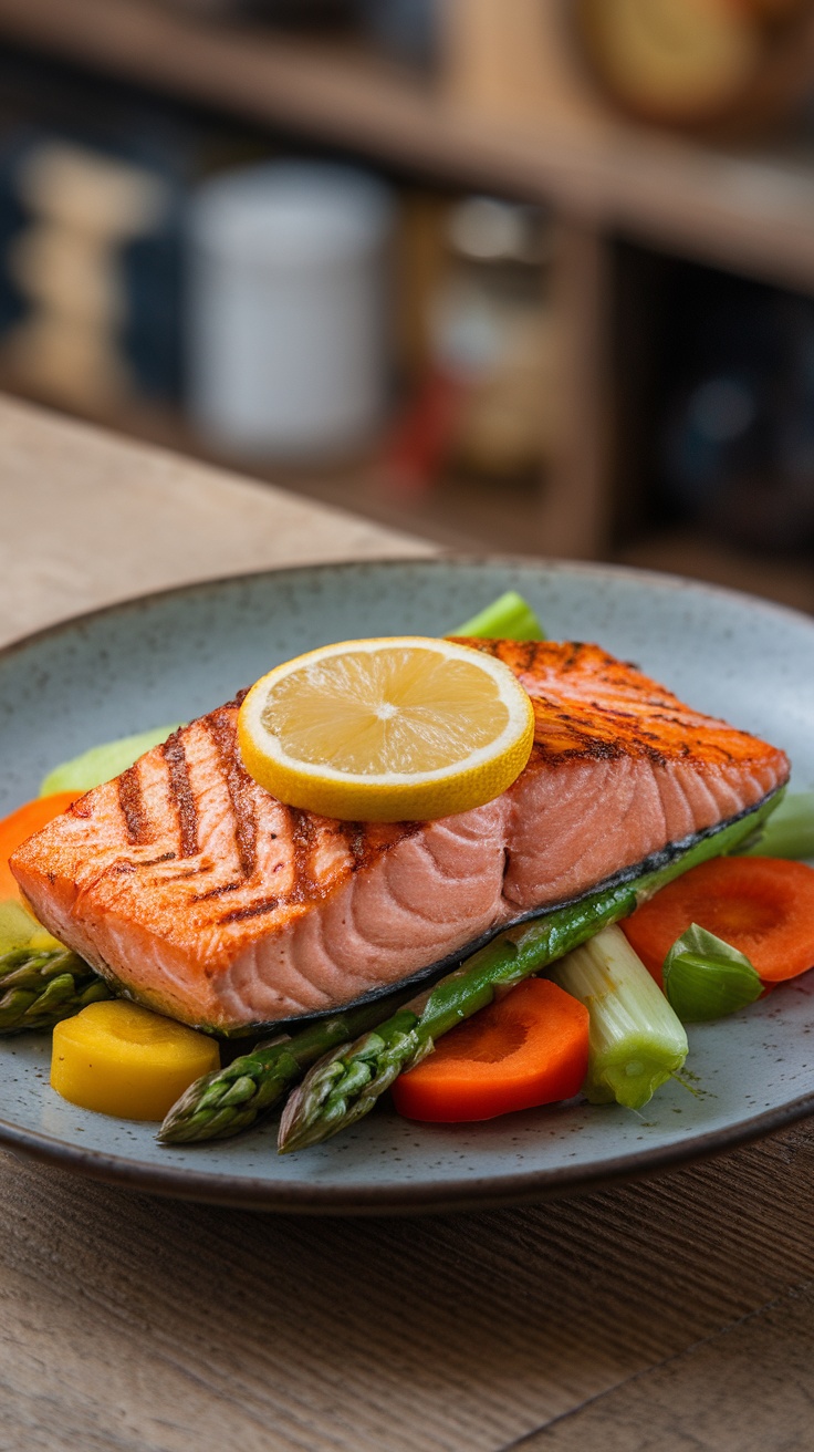 A delicious plate of grilled salmon topped with a lemon slice, served with colorful vegetables.