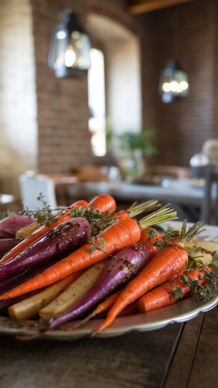 A platter of garlic roasted carrots and eggplant, beautifully arranged.