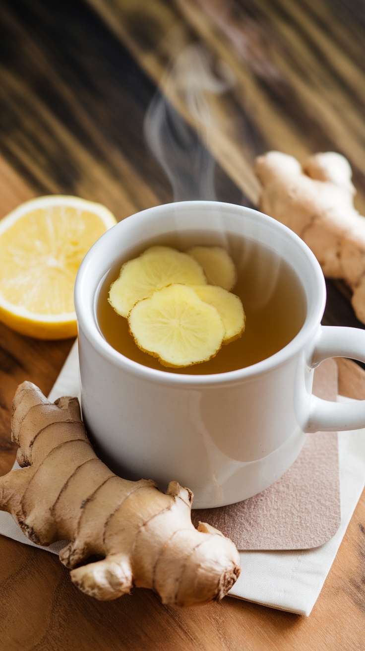 A cup of ginger tea with lemon slices and fresh ginger root on a wooden table.