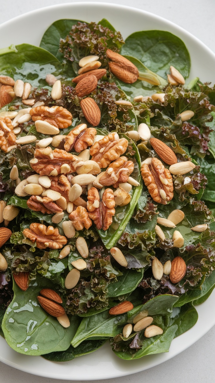 A vibrant salad made with leafy greens, nuts, and olive oil.