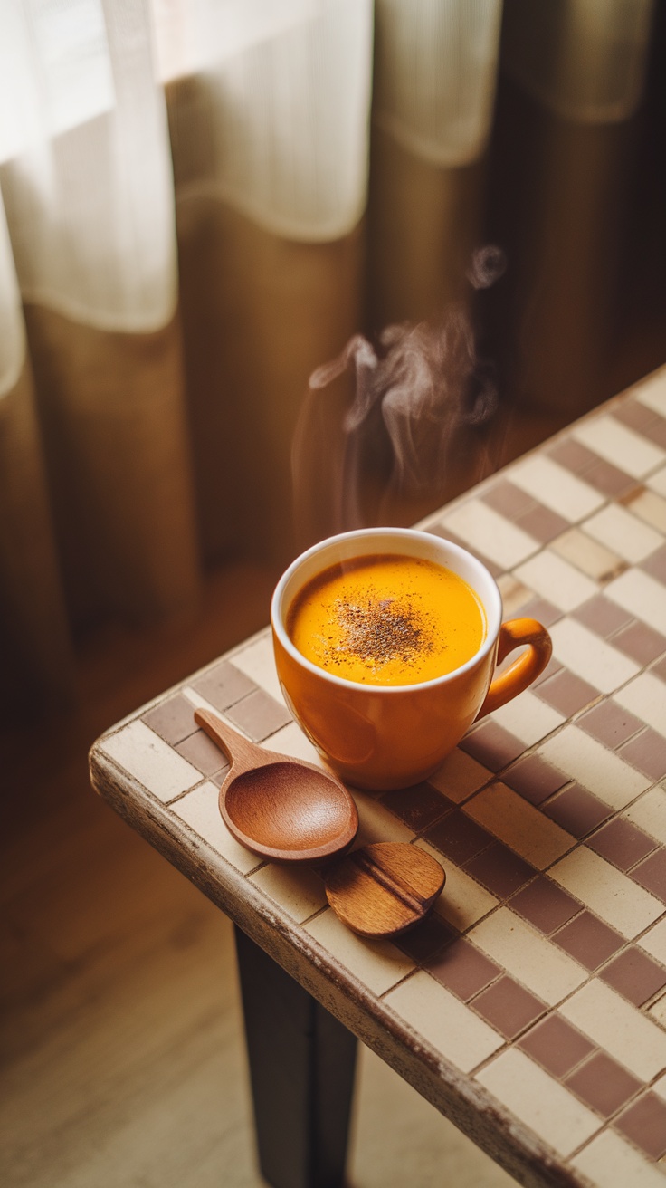 A steaming cup of turmeric-spiced golden milk on a table with wooden spoons.