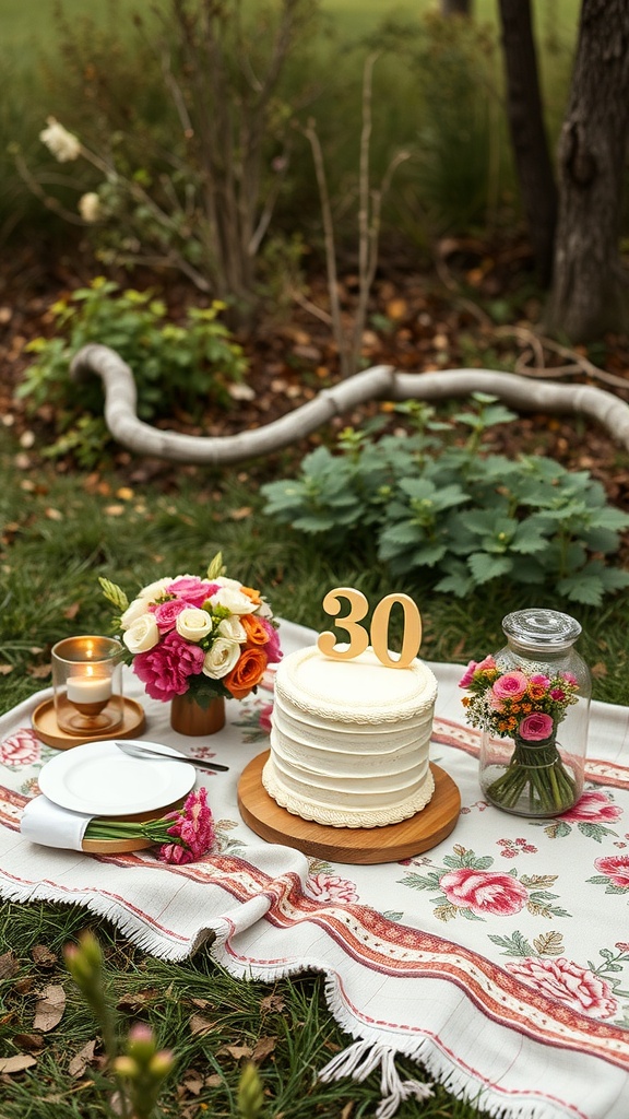 A picnic setup for a 30th birthday featuring a cake, flowers, and plates on a decorative blanket.