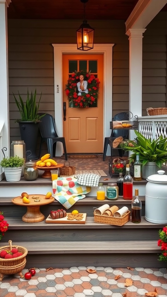 Farmhouse front porch steps decorated for outdoor entertaining.