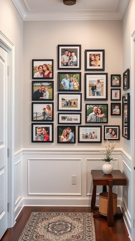 A cozy entryway with a gallery wall of family photos and a small table.