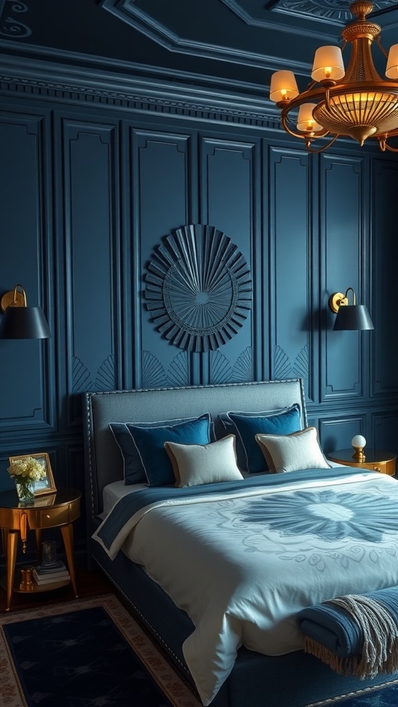 A luxurious blue-themed Art Deco bedroom showcasing elegant design elements
