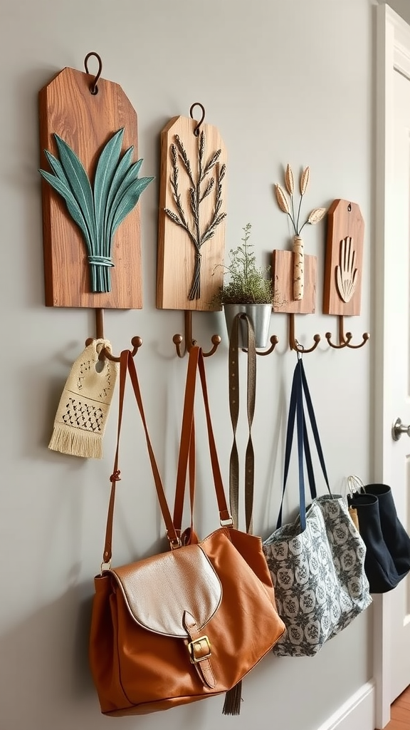 Stylish wall hooks with the word NOOTS for hanging bags and coats