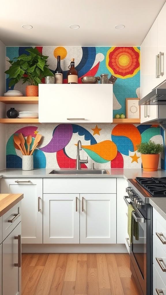 A colorful artistic backsplash in a modern kitchen, featuring bright abstract patterns.