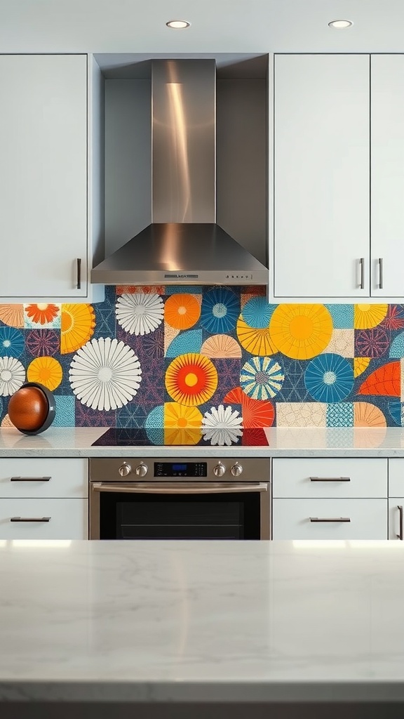 A colorful kitchen backsplash featuring vibrant patterns of flowers and shapes.