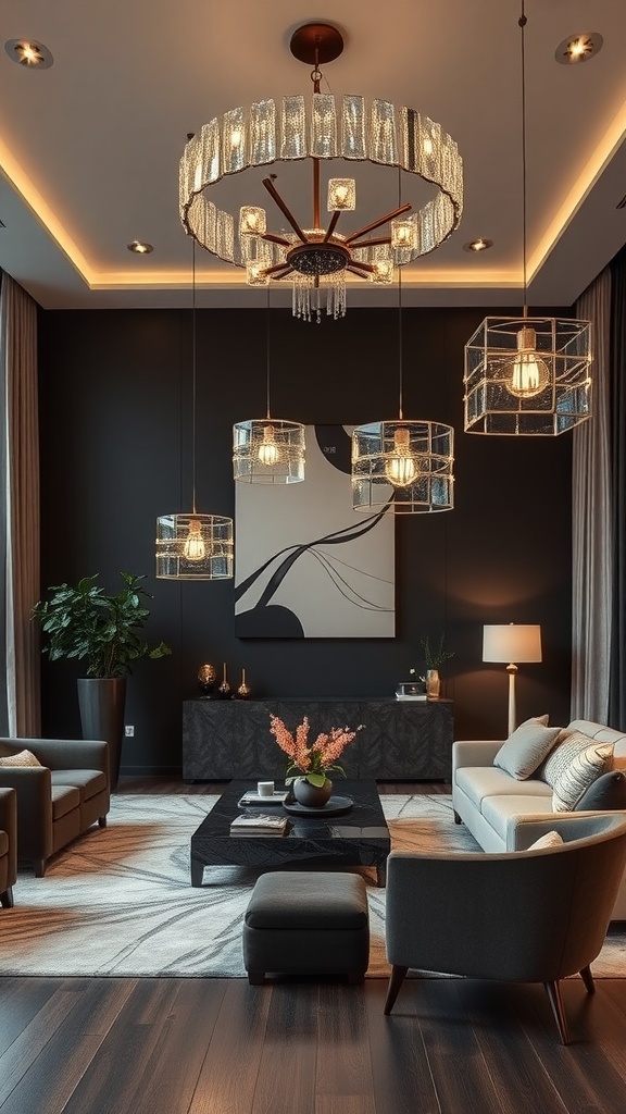 A modern living room featuring artistic lighting fixtures, a stylish coffee table, and cozy seating.