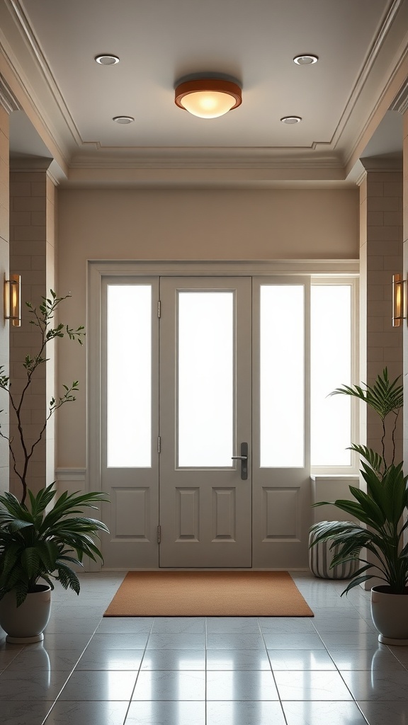 Modern entryway with a symmetrical design featuring potted plants and large glass doors.