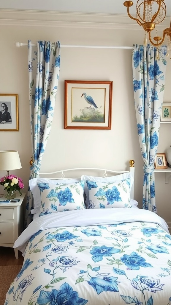 A cozy bedroom featuring blue floral accents with a bedspread, pillows, floral curtains, and framed artwork.