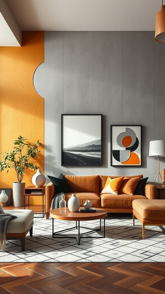 A modern living room featuring a bold orange accent wall and stylish furniture arrangements.