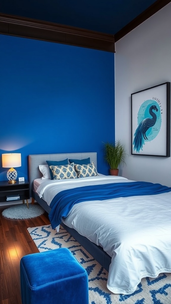 A stylish bedroom featuring bold cobalt blue walls, white bedding with blue accents, and decorative elements.