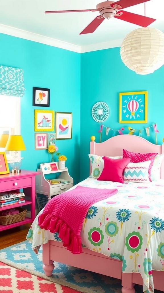 A bright aqua bedroom featuring a cozy bed, colorful decorations, and a playful rug.