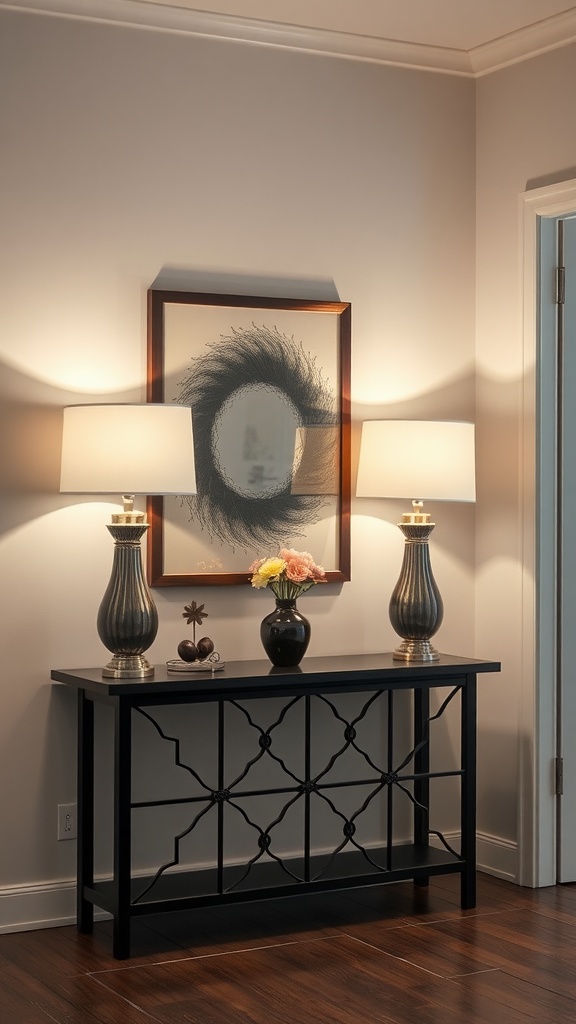 A modern entryway with two lamps, a console table, and a mirror.