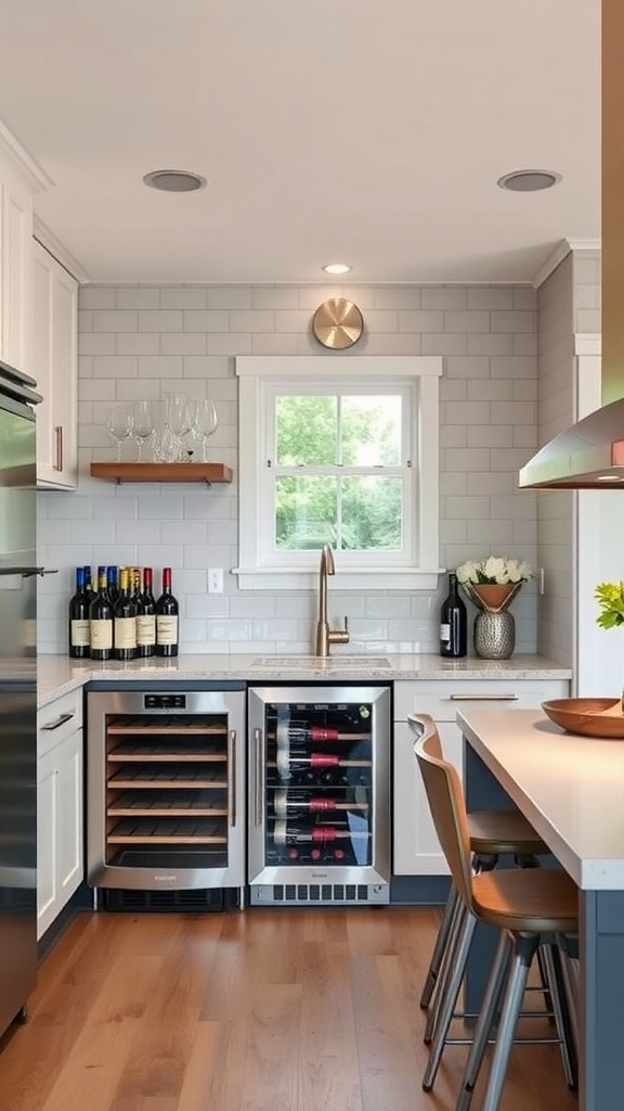 Modern kitchen featuring a built-in wine cooler and bar area.