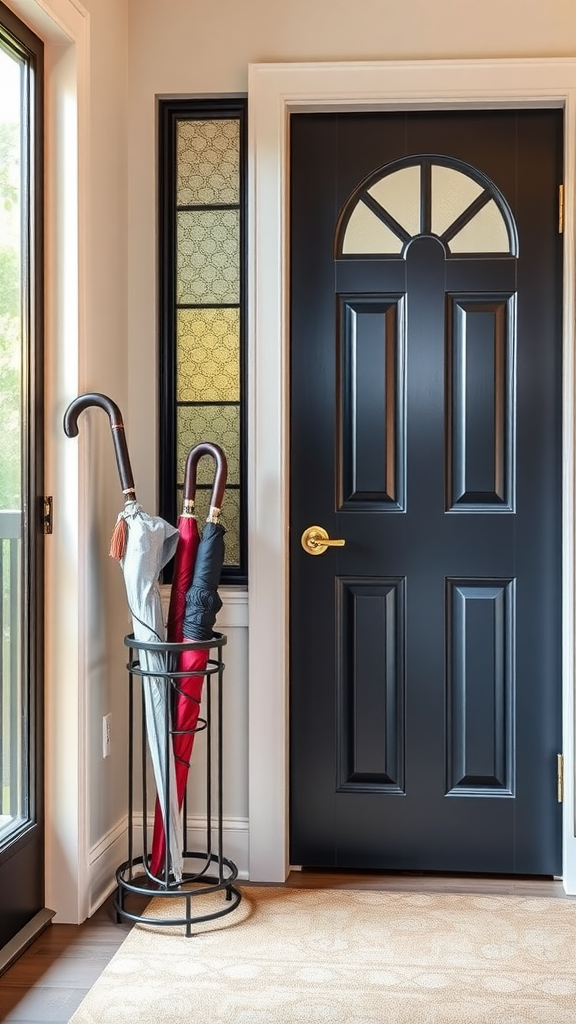 Chic umbrella stand with various umbrellas in a stylish entryway