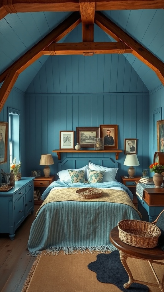 A cozy bedroom featuring blue walls, wooden beams, and rustic decor.