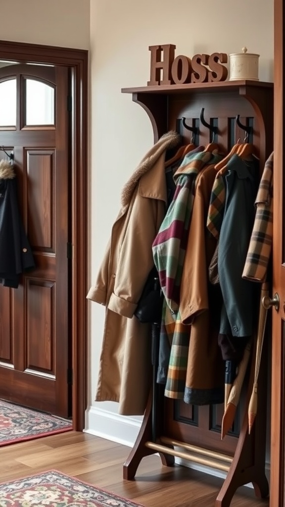 Classic wooden coat rack with several coats hanging, near a door