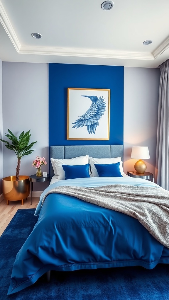 A cobalt blue and cream bedroom featuring a blue accent wall, blue bedding, and a plant.