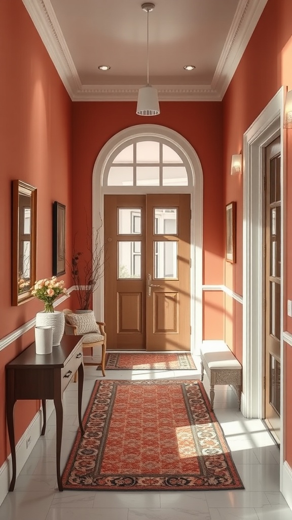 Cohesive color palette in a modern and cozy entryway with red walls, a console table, and a rug.