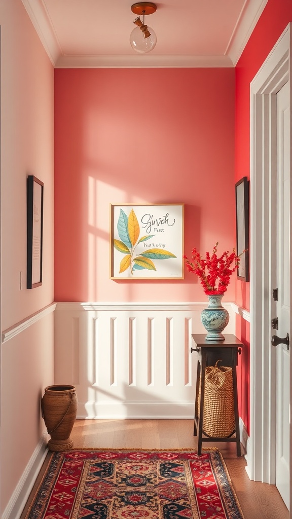 A cozy entryway featuring a colorful accent wall with modern decor.