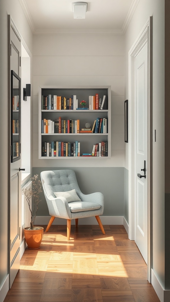 Cozy reading nook in a modern entryway with a chair, bookshelf, and plant.