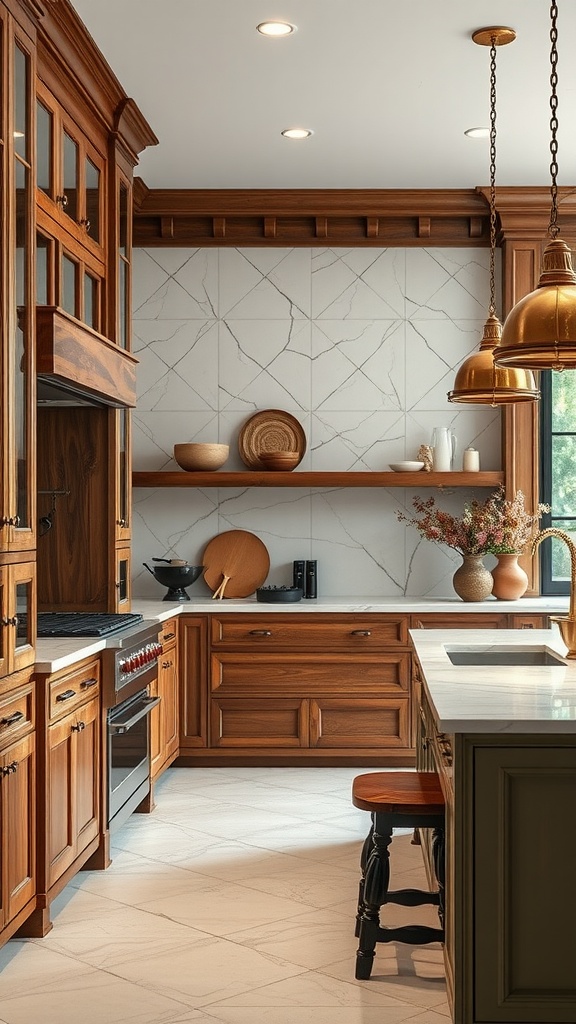 Modern luxury kitchen featuring wood cabinetry and artisan details.