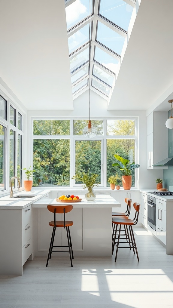 A modern kitchen with large windows and a skylight, filled with natural light and plants.