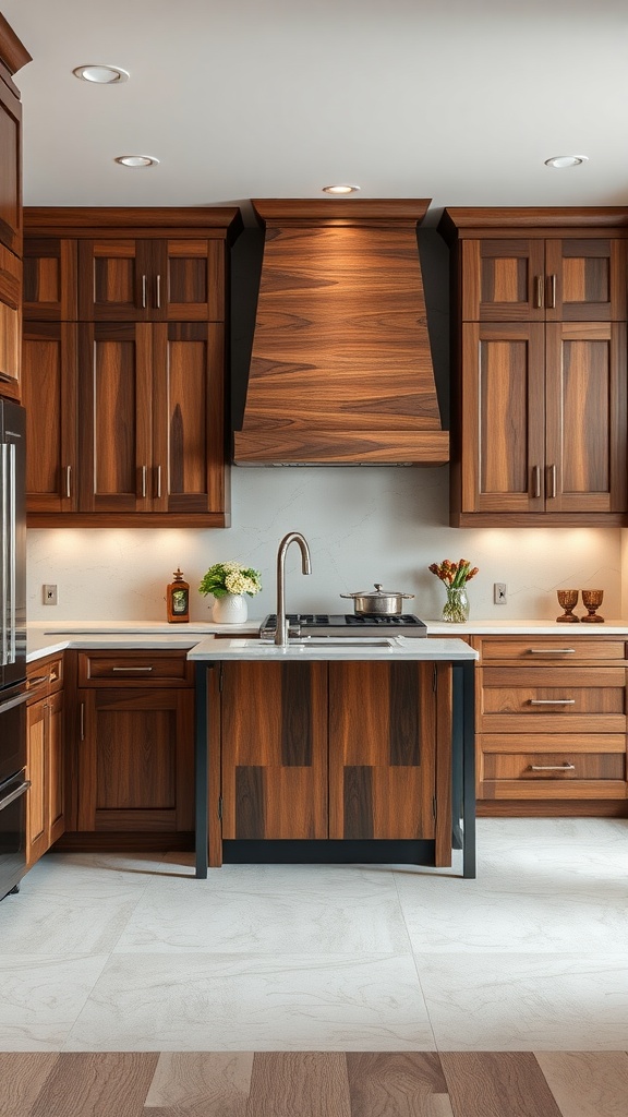 A modern kitchen featuring custom cabinetry with rich wood finishes and a stylish countertop.