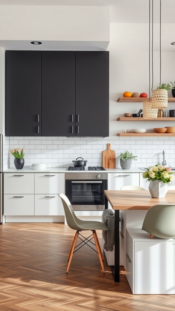 A modern kitchen featuring customizable modular furniture and light wood flooring.