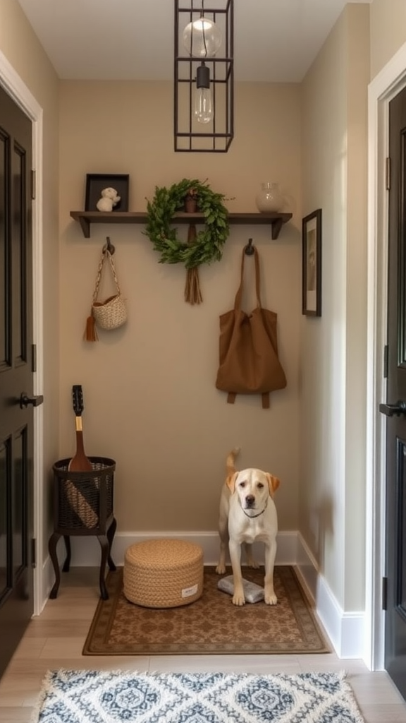 A modern entryway with a happy dog on a rug, featuring plants and woven baskets for pet supplies.