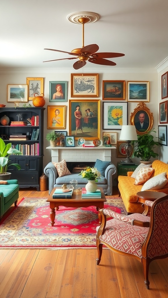 A modern living room with colorful vintage and contemporary furniture and framed artwork.